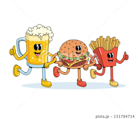 beer mug and fast food walk together groovy cartoon illustration beer mug and fast food walk together groovy cartoon illustration 131784714
