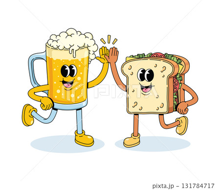 beer mug and sandwich high five groovy cartoon illustration 131784717