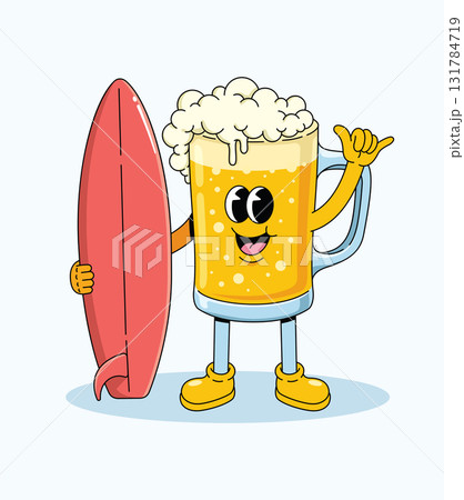 beer mug surf shaka hand groovy cartoon illustration 131784719