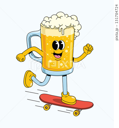 beer skateboard groovy cartoon illustration 131784724