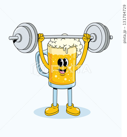 beer weightlifting groovy cartoon illustration beer weightlifting groovy cartoon illustration 131784729