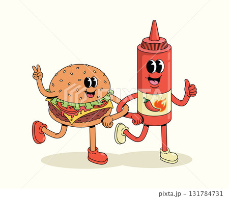 burger and chili sauce walk together groovy cartoon illustration burger and chili sauce walk together groovy cartoon illustration 131784731