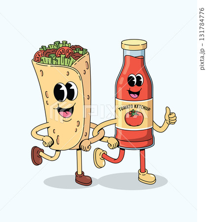 tomato ketchup and kebab groovy cartoon illustration 131784776