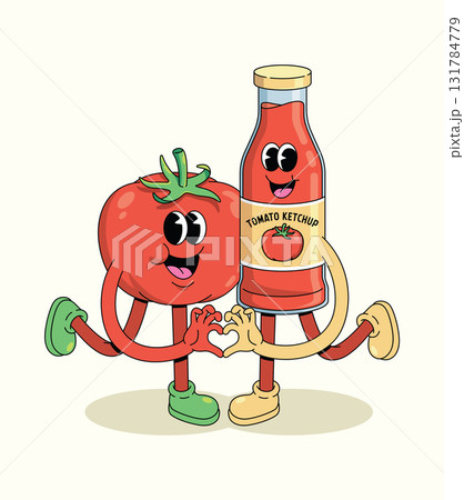 tomato ketchup and tomato love groovy cartoon illustration tomato ketchup and tomato love groovy cartoon illustration 131784779