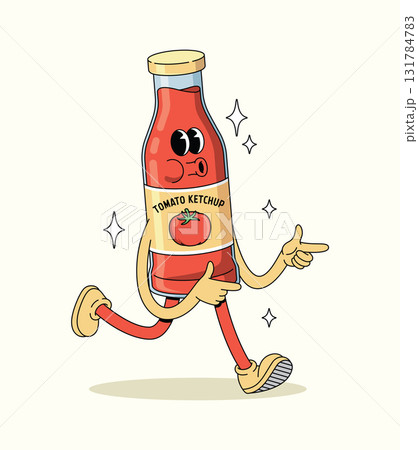 tomato ketchup energetic walk groovy cartoon illustration 131784783