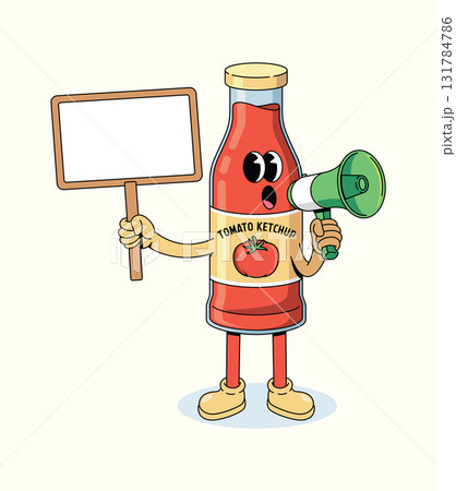 tomato ketchup megaphone groovy cartoon illustration 131784786