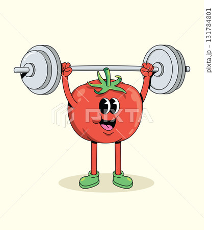 tomato weightlifting groovy cartoon illustration 131784801