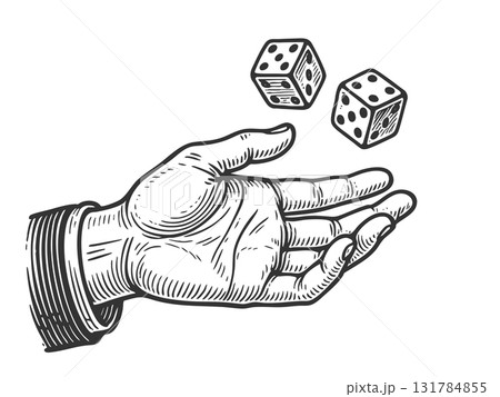 Hand throwing dice engraving raster illustration 131784855