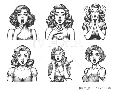 Surprised Woman engraving set vector collection 131784950