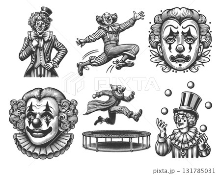 Clown Portraits and Circus engraving set vector 131785031
