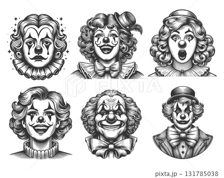 Female Clown Portraits engraving vector collectionのイラスト素材 [131785038