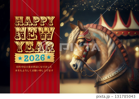 年賀状　馬年　遊園地サーカスの馬 131785043