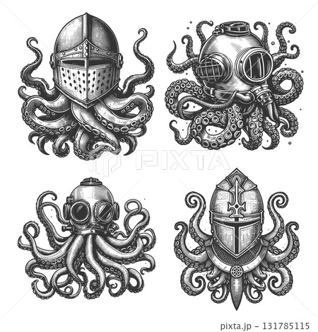Octopus engraving set raster collectionのイラスト素材 [131785115] - PIXTA