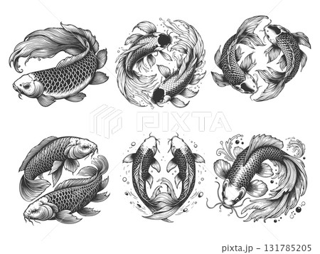 Koi Fish engraving set vector collection 131785205