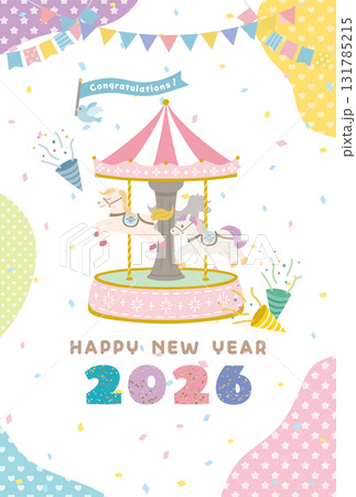 2026年午年　メルヘンなメリーゴーランドの年賀状テンプレート 131785215