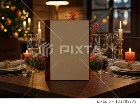 Christmas Restaurant Menu Mockup with Blank Menu Space and Elegant Table Setting 131785279
