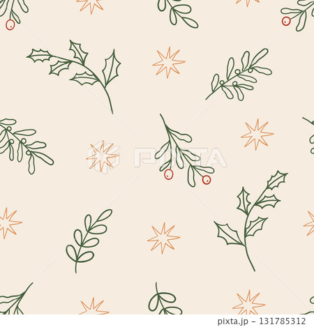 Seamless pattern with mistletoe, red berry and star. Hand drawn vector illustration for wrapping paper, textile, fabric. Seamless pattern with mistletoe, red berry and star. Hand drawn vector illustration for wrapping paper, textile, fabric. 131785312