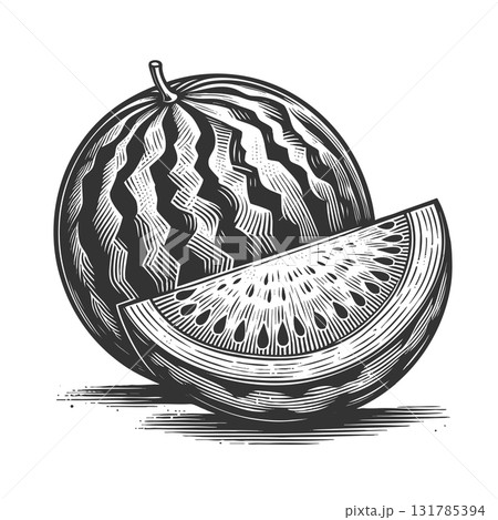watermelon slice engraving raster illustration 131785394