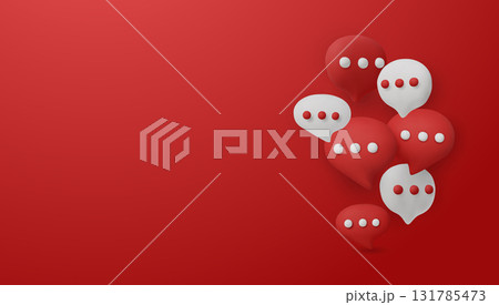 Modern 3D chat bubbles on a red background, symbolizing online communication, social media messaging, and digital dialogue. 131785473