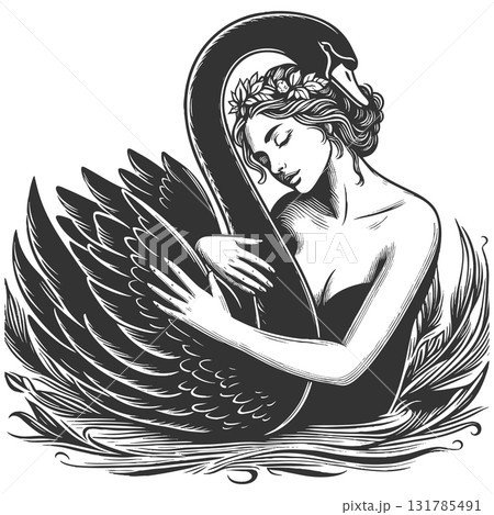 Woman Embracing black Swan engraving sketch vector 131785491