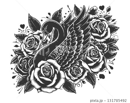 Black Swan Surrounded by Roses Tattoo Style raster 131785492