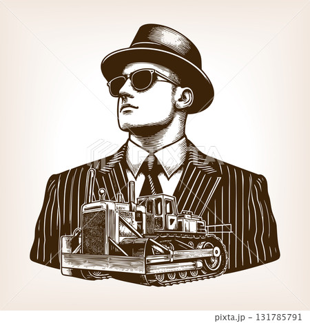Surreal businessman with bulldozer raster Surreal businessman with bulldozer raster 131785791