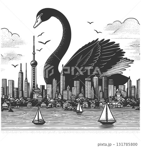 Black Swan City Skyline engraving sketch vector 131785800