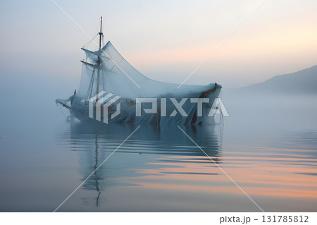 spectral ghost ship at foggy morning or evening. Neural network generated image 131785812
