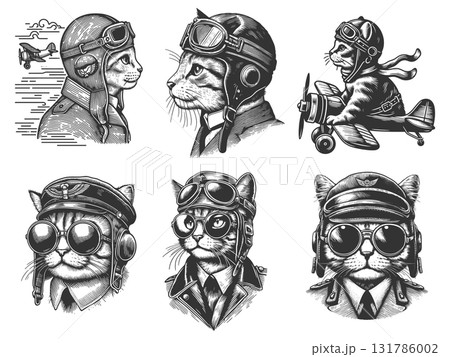 Pilot Cats in Aviator Gear engraving set raster 131786002