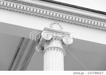 Classical architecture details, white pillar capital and decorated portico elements Classical architecture details, white pillar capital and decorated portico elements 131786027