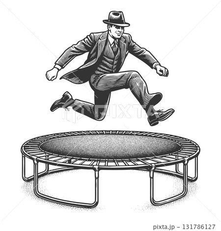 Businessman Jumping on Trampoline engraving raster 131786127