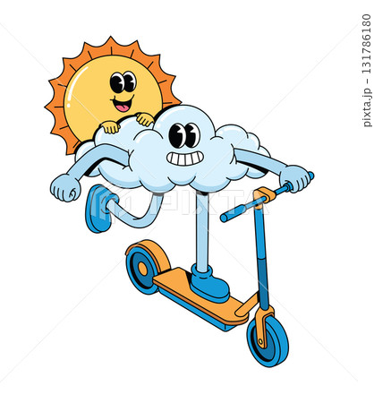 cloud ride kick scooter groovy cartoon...のイラスト素材 [131786180] - PIXTA
