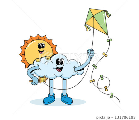 clouds playing kites groovy cartoon illustration 131786185