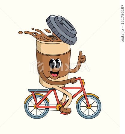 coffee cup bicycle groovy cartoon illustration coffee cup bicycle groovy cartoon illustration 131786197
