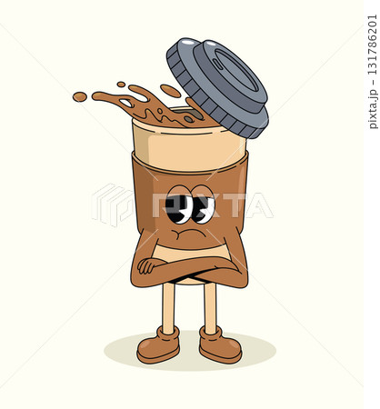 coffee cup crossed arms groovy cartoon illustration 131786201