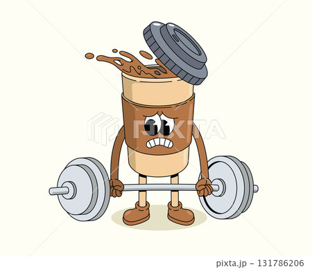 coffee cup hard weightlifting groovy cartoon illustration 131786206