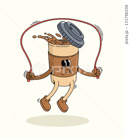 coffee cup jump rope groovy cartoon illustration 131786208