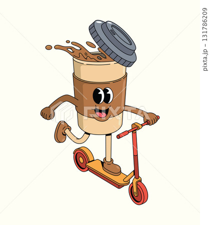 coffee cup kick scooter groovy cartoon illustration 131786209