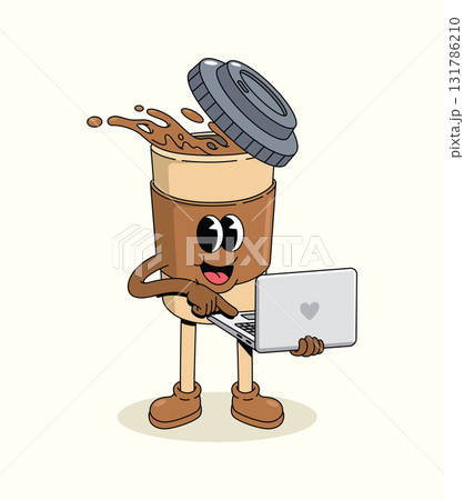 coffee cup laptop groovy cartoon illustration coffee cup laptop groovy cartoon illustration 131786210