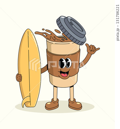 coffee cup surf shaka hand groovy cartoon illustration 131786221