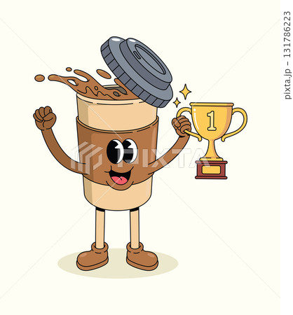 coffee cup trophy groovy cartoon illustration 131786223