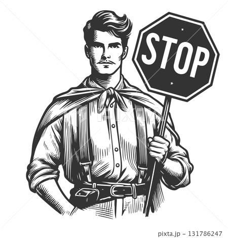 Man Holding Stop Sign engraving sketch raster Man Holding Stop Sign engraving sketch raster 131786247