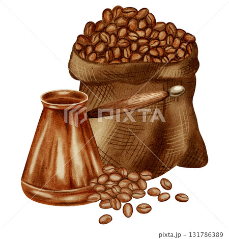 Hand-painted Watercolor illustration coffee set with cezve, cup and beans. Illustrations for coffee shops, cafes, packaging, menus, and product design. 131786389