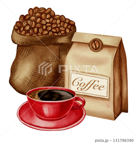 Watercolor illustration of a jute bag with roasted coffee beans and a cup of black coffee. Illustrations for coffee shops, cafes, packaging, menus, and product design. Watercolor illustration of a jute bag with roasted coffee beans and a cup of black coffee. Illustrations for coffee shops, cafes, packaging, menus, and product design. 131786390