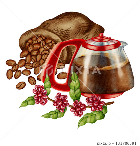 Watercolor illustration of a jute bag with roasted coffee beans, a geyser coffee maker, a cup of coffee, and a coffee pot. Illustrations for coffee shops, cafes, packaging, menus, and product design. Watercolor illustration of a jute bag with roasted coffee beans, a geyser coffee maker, a cup of coffee, and a coffee pot. Illustrations for coffee shops, cafes, packaging, menus, and product design. 131786391