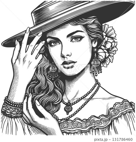 Elegant Spanish Woman in Traditional Hat vector 131786460