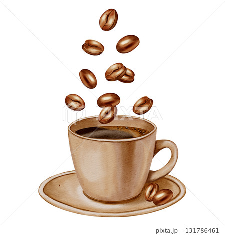 Watercolor coffee cup with coffee beans. Coffee cherries. Espresso. Illustrations for coffee shops, cafes, packaging, menus, and product design. 131786461