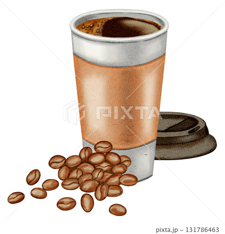 Watercolor illustration of a takeaway coffee cup. Paper cup for to go coffee. Coffee beans and coffee cherries. Illustrations for coffee shops, cafes, packaging, menus, and product design. Watercolor illustration of a takeaway coffee cup. Paper cup for to go coffee. Coffee beans and coffee cherries. Illustrations for coffee shops, cafes, packaging, menus, and product design. 131786463