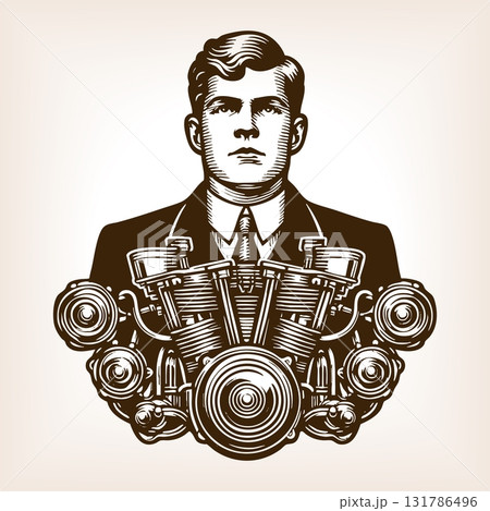 Surreal man with mechanical engine chest vector 131786496