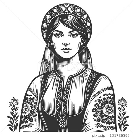 Portrait of Ukrainian Woman in Folk Dress vector 131786593